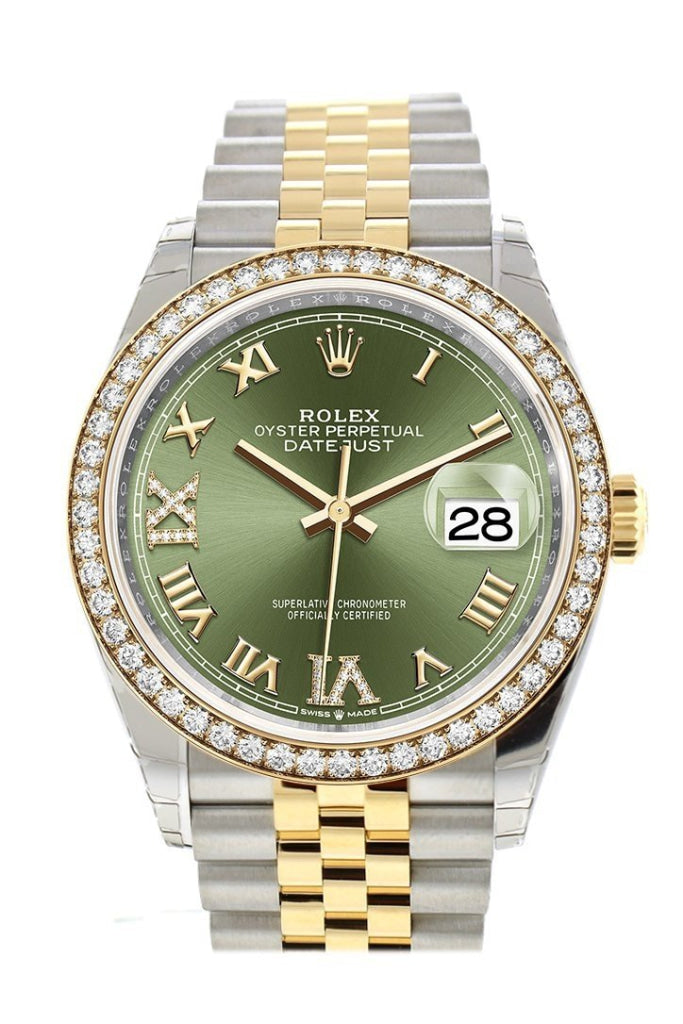 Rolex Datejust 36 Olive green set with diamonds Dial Diamond Bezel Jubilee Yellow Gold Two Tone Watch 126283RBR 126283 NP