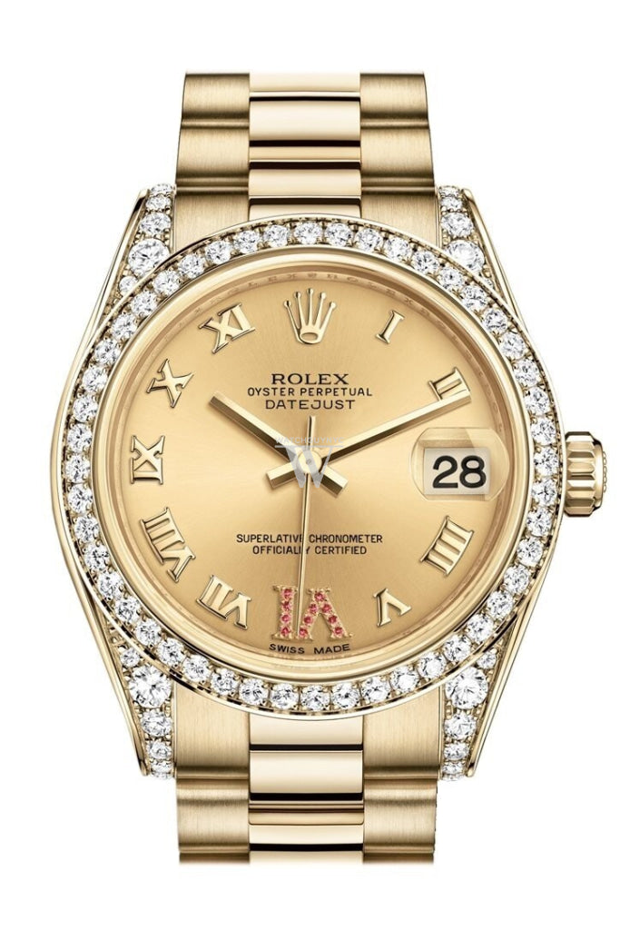 Rolex Datejust 31 Champagne Large VI Rubies Dial Diamond Bezel Lug 18K Yellow Gold President Ladies Watch 178158 Pre-owned
