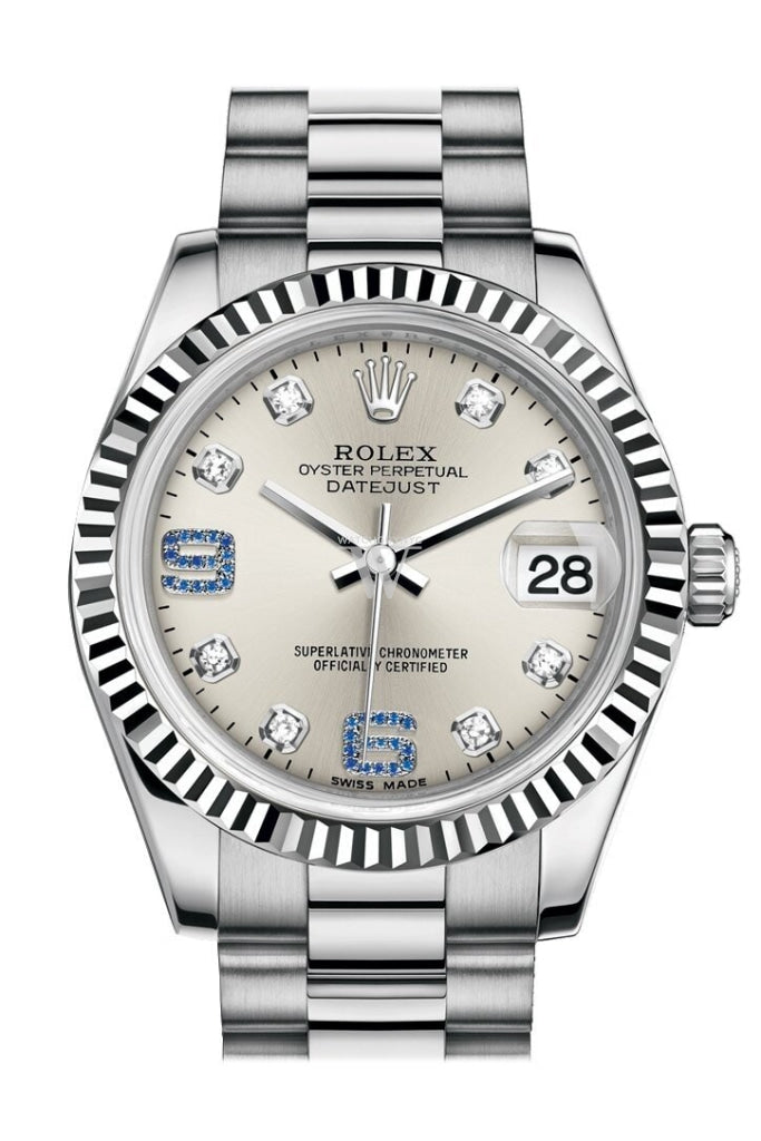 Rolex Datejust 31 Silver set with diamonds and sapphires Dial Fluted Bezel 18K White Gold President Ladies Watch 178279 Pre-owned