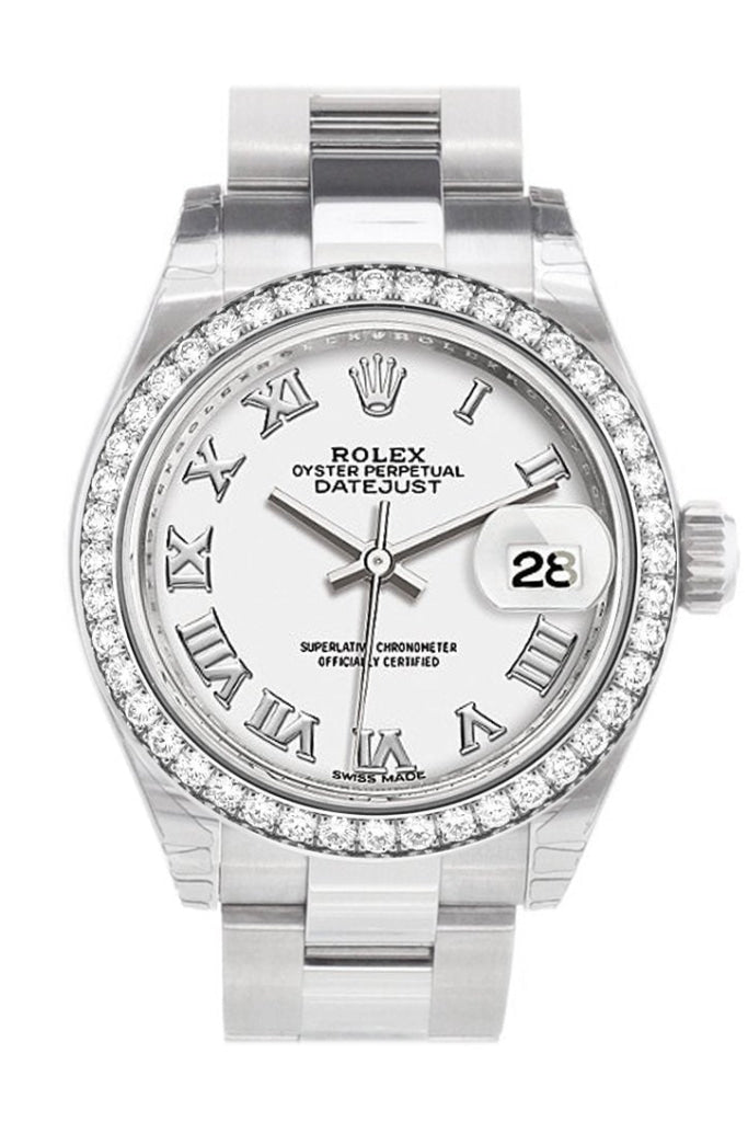 Rolex Datejust 28 White Roman Dial Diamond Bezel Steel Ladies Watch 279384RBR