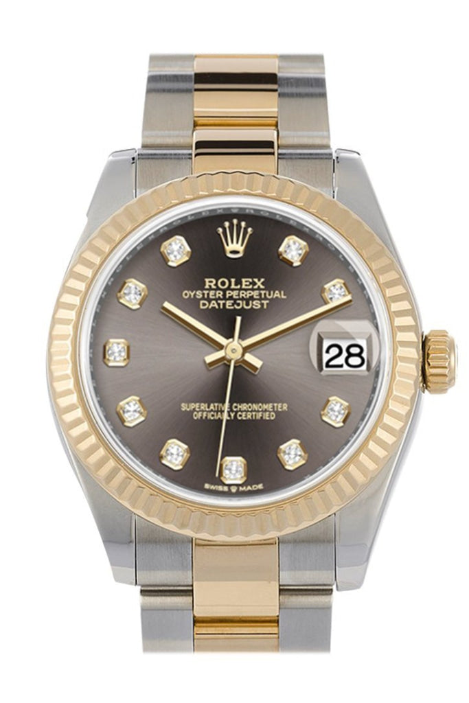 Rolex Datejust 31 Dark Grey Diamonds Dial Fluted Bezel 18K Yellow Gold Two Tone Watch 278273 NP