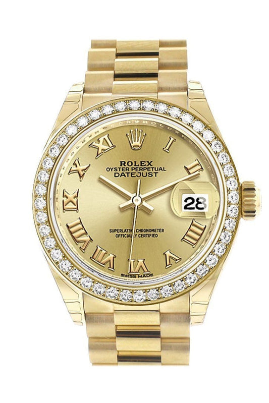Rolex Datejust 28 Champagne Roman Dial Diamond Bezel President Ladies Watch 279138RBR NP