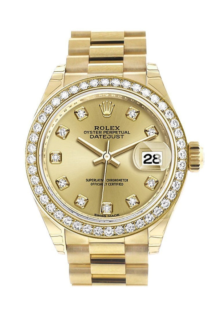 Rolex Datejust 28 Champagne Diamond Dial Diamond Bezel President Ladies Watch 279138RBR NP