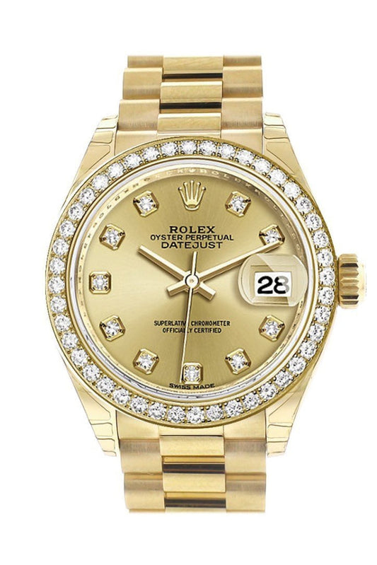 Rolex Datejust 28 Champagne Diamond Dial Diamond Bezel President Ladies Watch 279138RBR NP