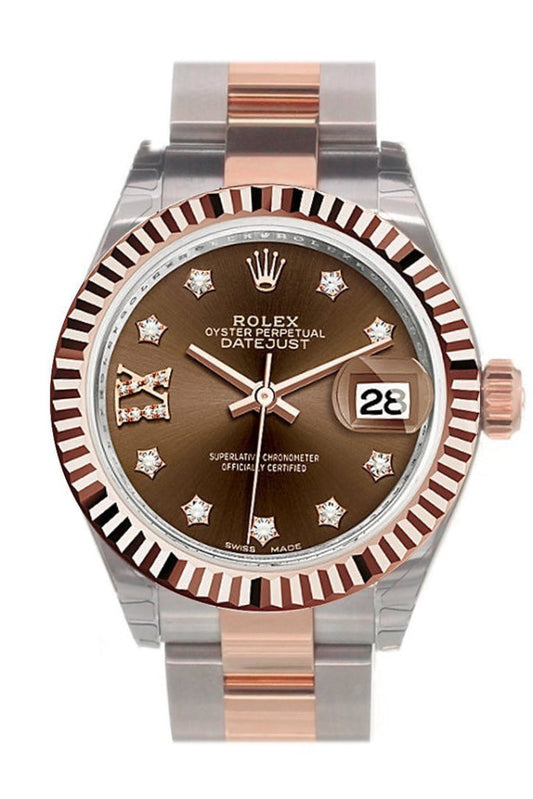 Rolex Datejust 28 Chocolate 9 diamonds set in star Dial Fluted Bezel Oyster Ladies Watch 279171 NP