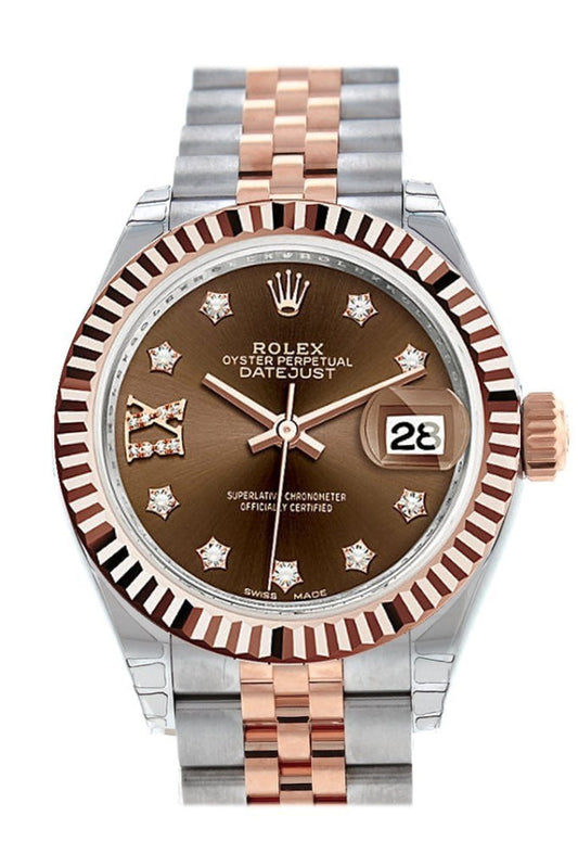 Rolex Datejust 28 Chocolate 9 diamonds set in star Dial Fluted Bezel Jubilee Ladies Watch 279171 NP