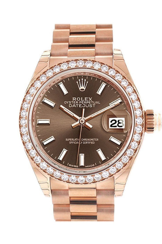 Rolex Datejust 28 Chocolate Dial Diamond Bezel Rose Gold President Ladies Watch 279135RBR NP