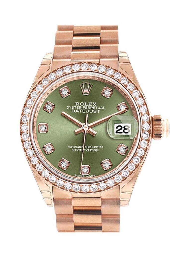 Rolex Datejust 28 Olive Green Diamond Dial Diamond Bezel Rose Gold President Ladies Watch 279135RBR 279135 NP