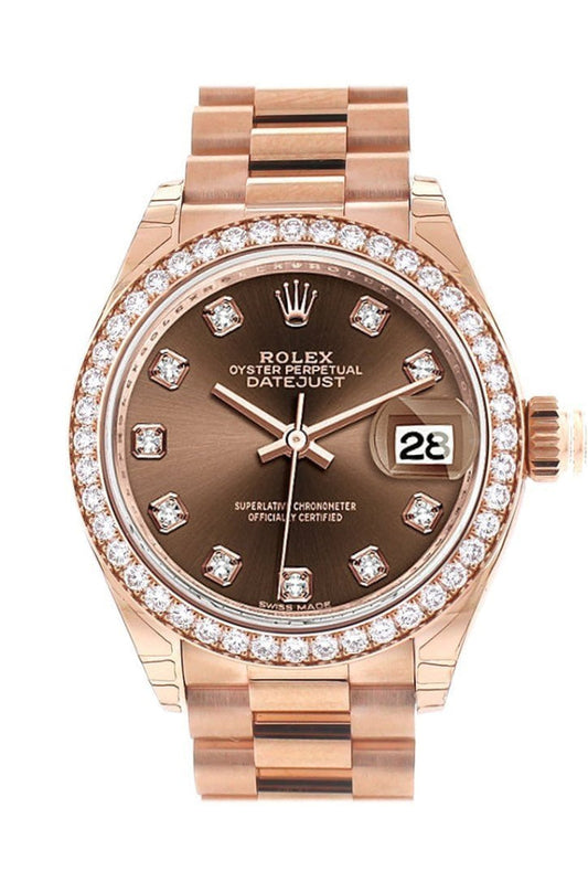 Rolex Datejust 28 Chocolate Diamond Dial Diamond Bezel Rose Gold President Ladies Watch 279135RBR 279135 NP