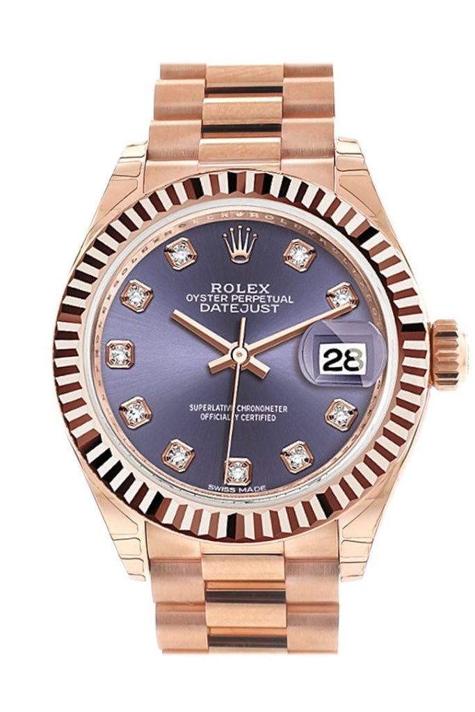 Rolex Datejust 28 Aubergine Diamond Fluted Bezel Dial Rose Gold President Ladies Watch 279175 NP