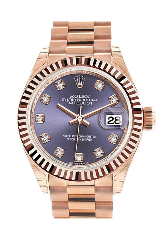 Rolex Datejust 28 Aubergine Diamond Fluted Bezel Dial Rose Gold President Ladies Watch 279175 NP