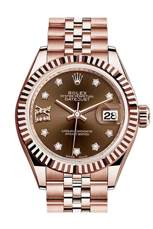 Rolex Datejust 28 Chocolate Dial Fluted Bezel Rose Gold Jubilee Ladies Watch 279175
