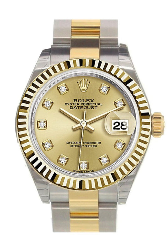 Rolex Datejust 28 Champagne Diamond Dial Fluted Yellow Gold Two Tone Ladies Watch 279173