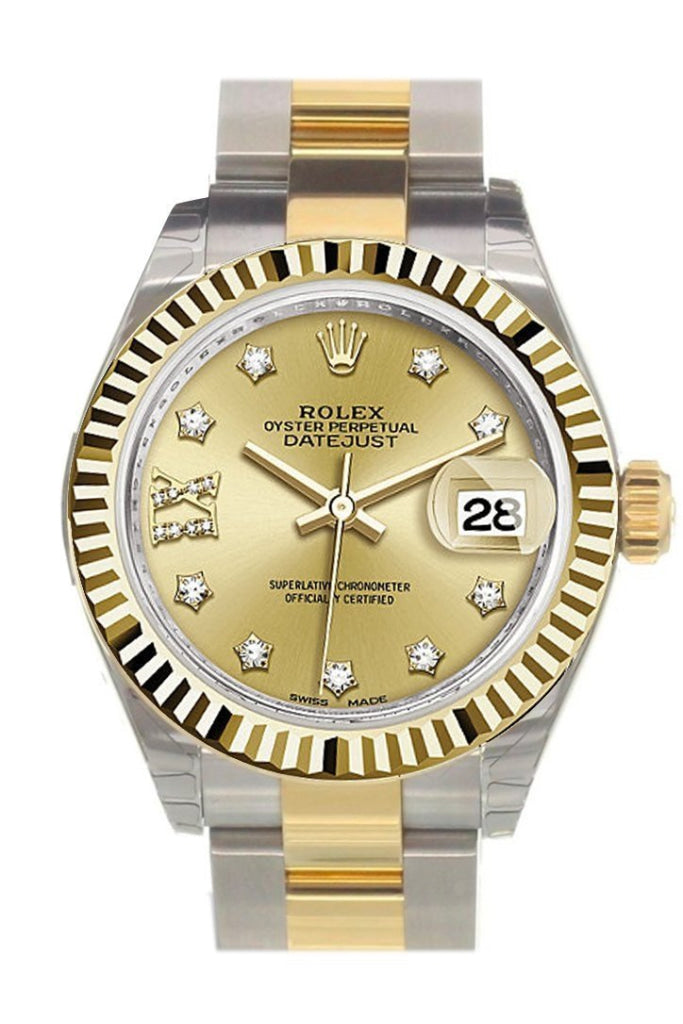 Rolex Datejust 28 Champagne 9 diamonds set in star Dial Fluted Yellow Gold Two Tone Ladies Watch 279173