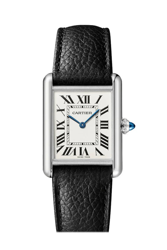 Cartier Tank Must WSTA0041 large model watch with silvered dial, high-autonomy quartz movement, stainless steel case, black leather strap, and blue cabochon crown, available at globalskydiamond.com in NYC’s Diamond District