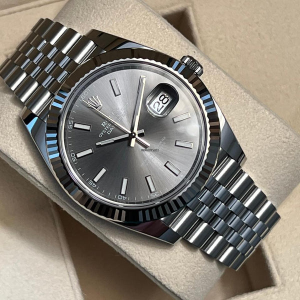 Front view of pre-owned Rolex Datejust 41mm model 126334 in like-new condition with fluted bezel, slate grey dial, Jubilee bracelet, and sapphire crystal – full Rolex set available now at Global Sky Diamonds in the NYC Diamond District – globalskydiamond.com