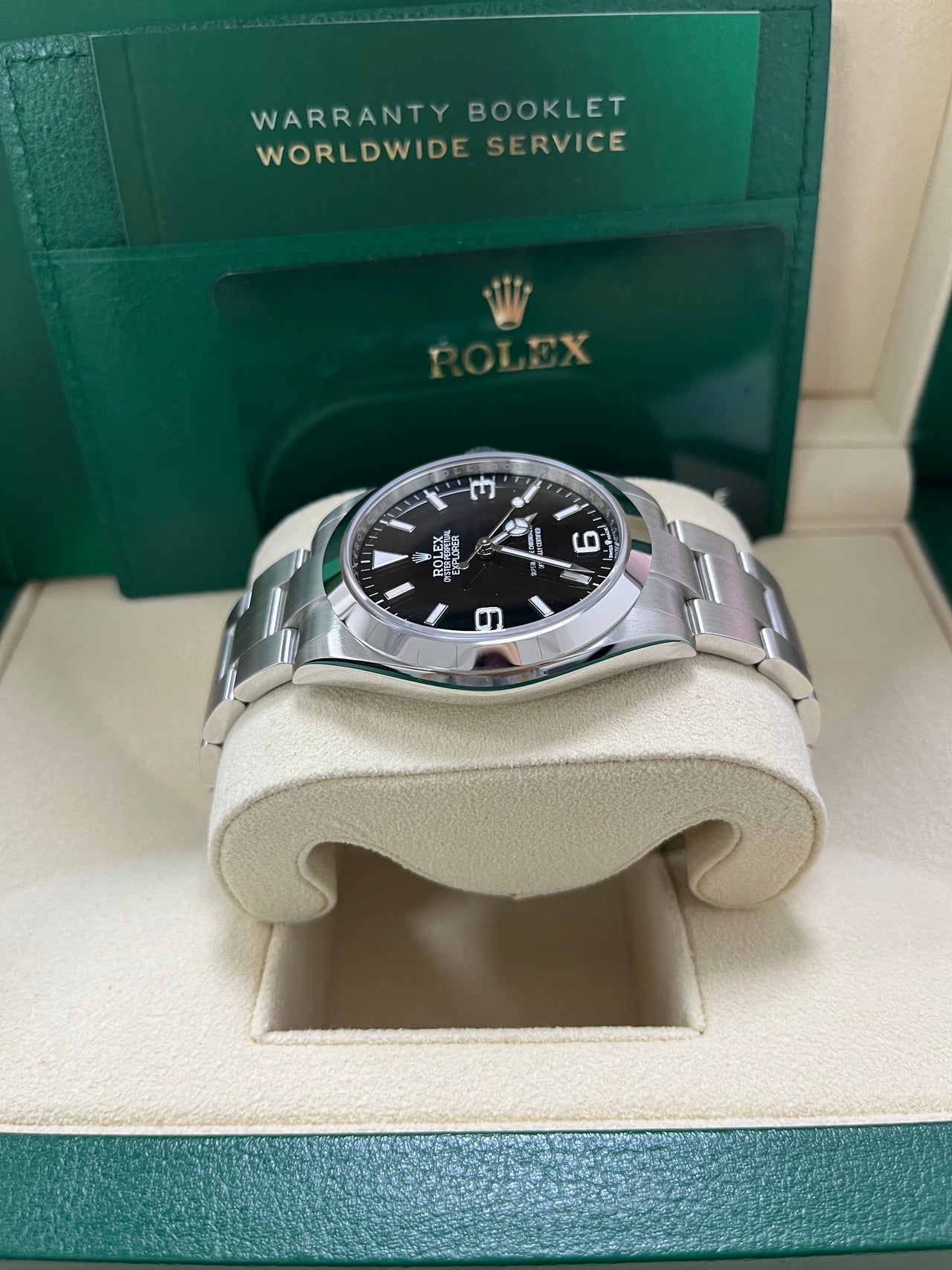 Rolex Air-King 40mm Black Dial Men’s Watch 224270 with Oystersteel case and bracelet, white Arabic numerals, green seconds hand, sapphire crystal, and automatic movement—never worn, 100% authentic with Rolex box and warranty card, available now at Global Sky Diamonds in NYC Diamond District at 44 W 47th St Booth GF-10. 3-year warranty included. Shop globalskydiamond.com.