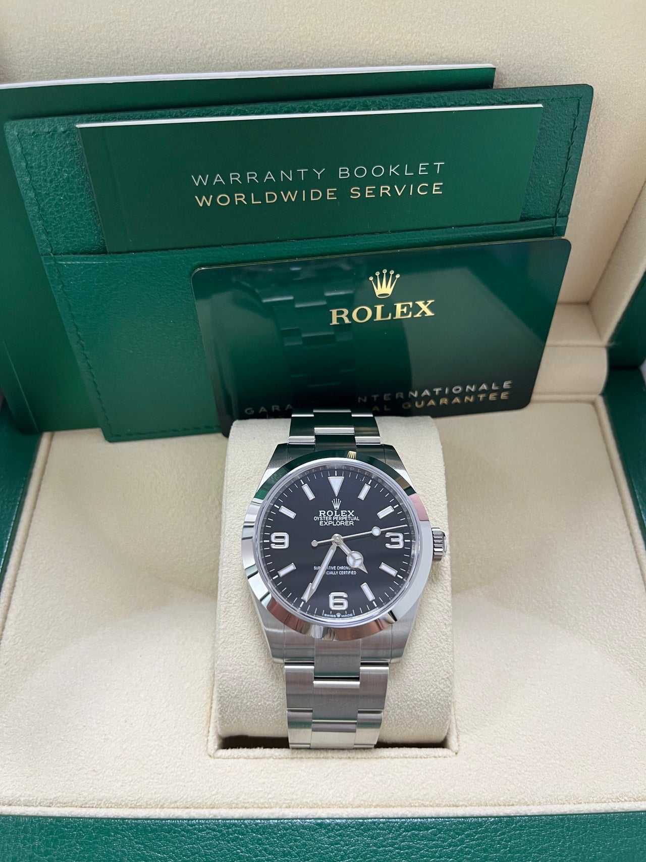Rolex Air-King 40mm Black Dial Men’s Watch 224270 with Oystersteel case and bracelet, white Arabic numerals, green seconds hand, sapphire crystal, and automatic movement—never worn, 100% authentic with Rolex box and warranty card, available now at Global Sky Diamonds in NYC Diamond District at 44 W 47th St Booth GF-10. 3-year warranty included. Shop globalskydiamond.com.