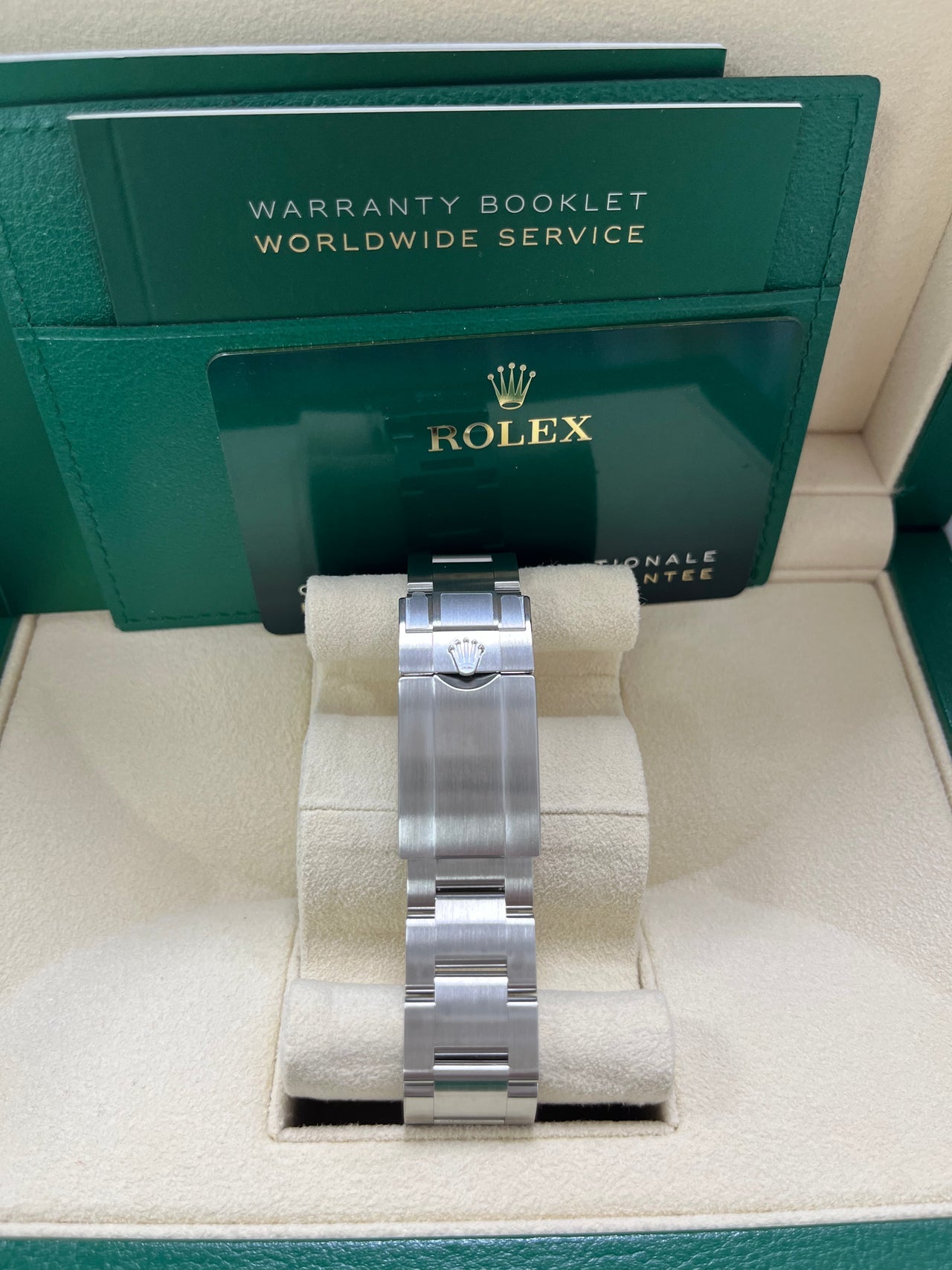 Rolex Air-King 40mm Black Dial Men’s Watch 224270 with Oystersteel case and bracelet, white Arabic numerals, green seconds hand, sapphire crystal, and automatic movement—never worn, 100% authentic with Rolex box and warranty card, available now at Global Sky Diamonds in NYC Diamond District at 44 W 47th St Booth GF-10. 3-year warranty included. Shop globalskydiamond.com.