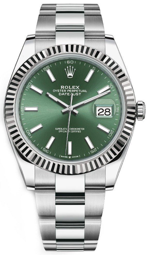 Rolex Datejust 41mm Blue Stick Dial Men’s Watch 126300 with Oystersteel case, sunburst blue dial, smooth bezel, Oyster bracelet, and Rolex Caliber 3235 automatic movement—never worn, guaranteed authentic with Rolex box and warranty card, available now at Global Sky Diamonds in NYC’s Diamond District at 44 W 47th St Booth GF-10. Includes 3-year warranty. Shop globalskydiamond.com.