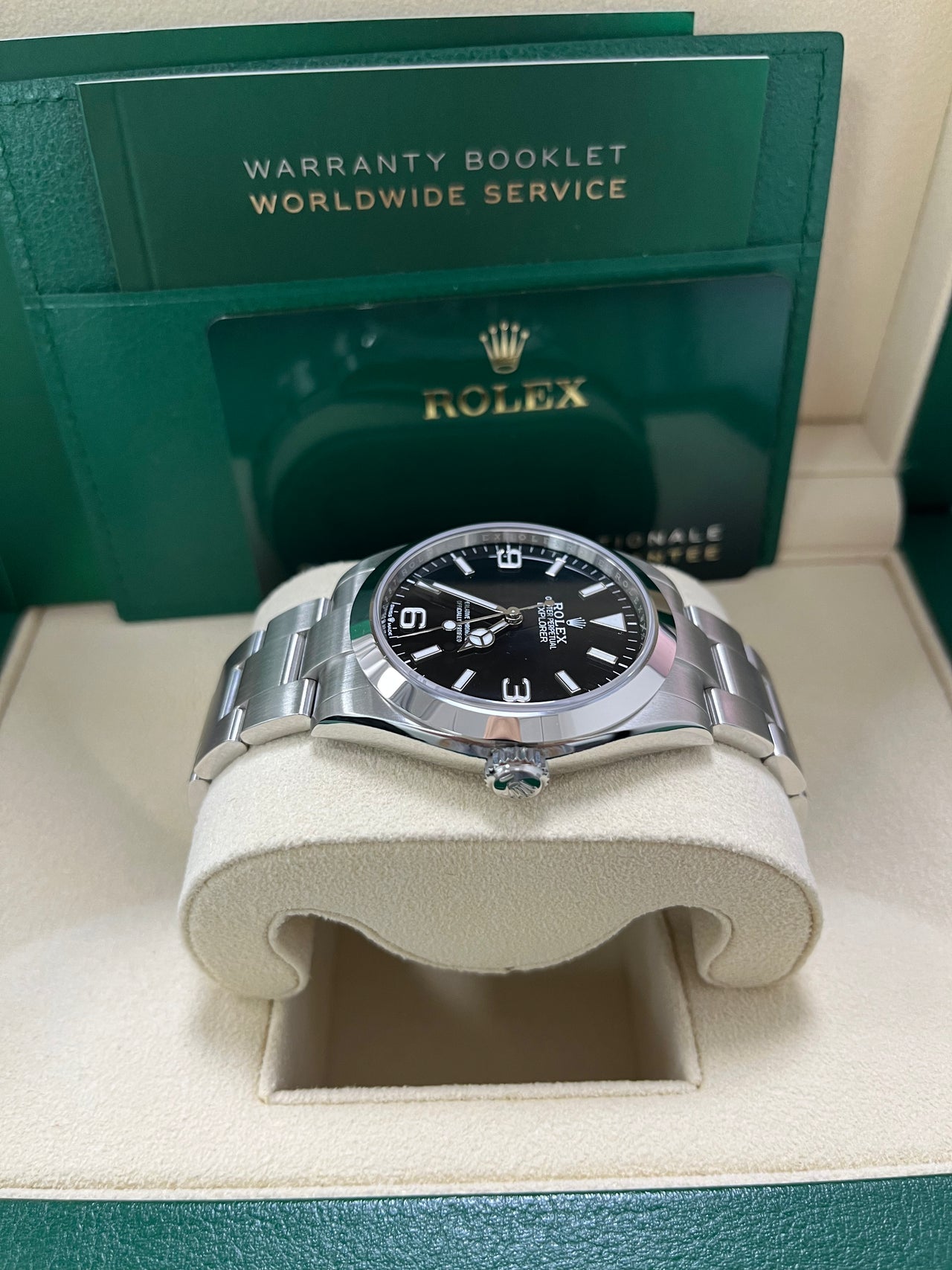 Rolex Air-King 40mm Black Dial Men’s Watch 224270 with Oystersteel case and bracelet, white Arabic numerals, green seconds hand, sapphire crystal, and automatic movement—never worn, 100% authentic with Rolex box and warranty card, available now at Global Sky Diamonds in NYC Diamond District at 44 W 47th St Booth GF-10. 3-year warranty included. Shop globalskydiamond.com.