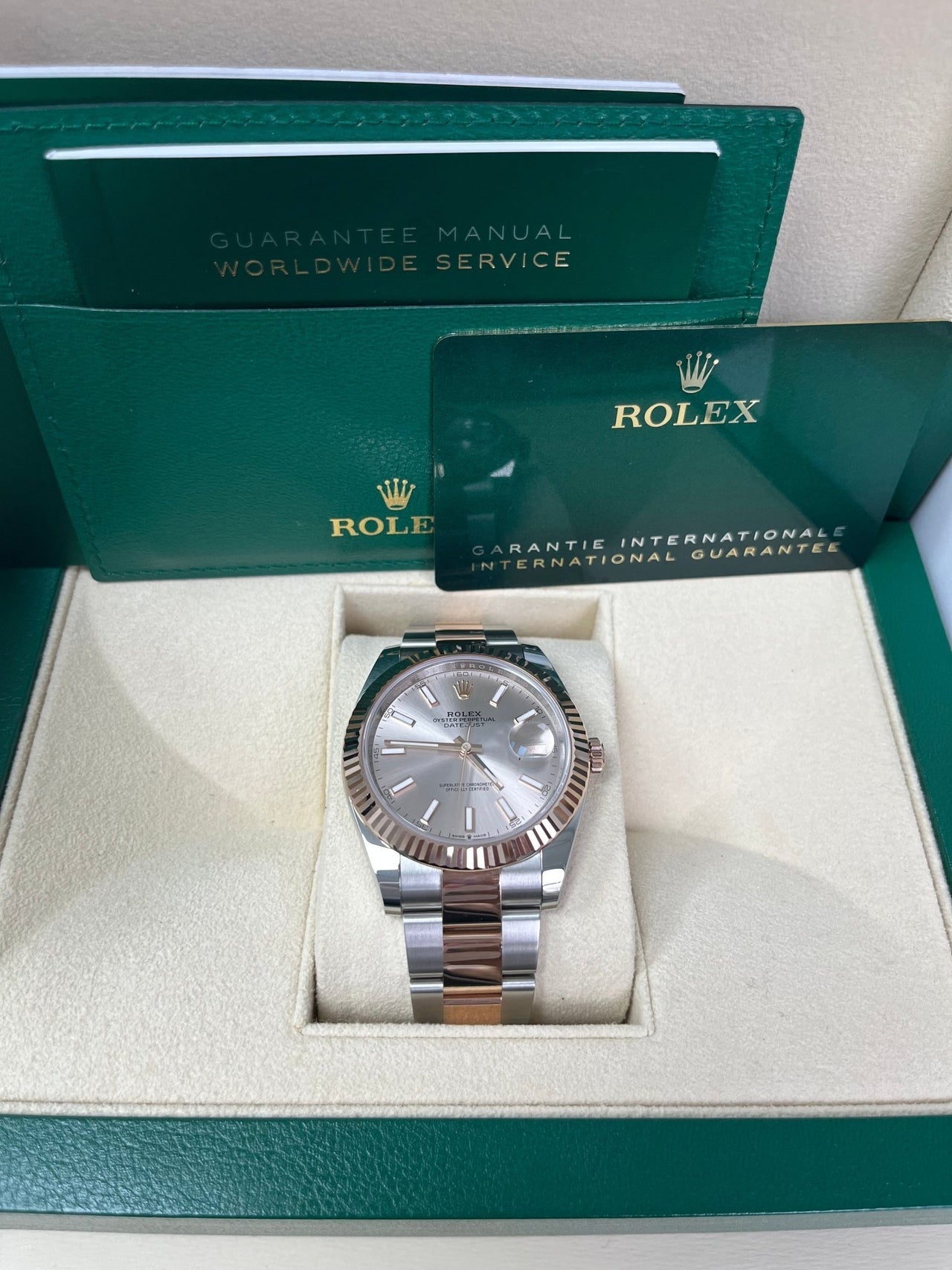 Full display set of Rolex Datejust 126331 with Rolex box, warranty card, booklet, and certificate – Sundust dial Rolex in like-new 2025 condition available at globalskydiamond.com – Diamond District NYC