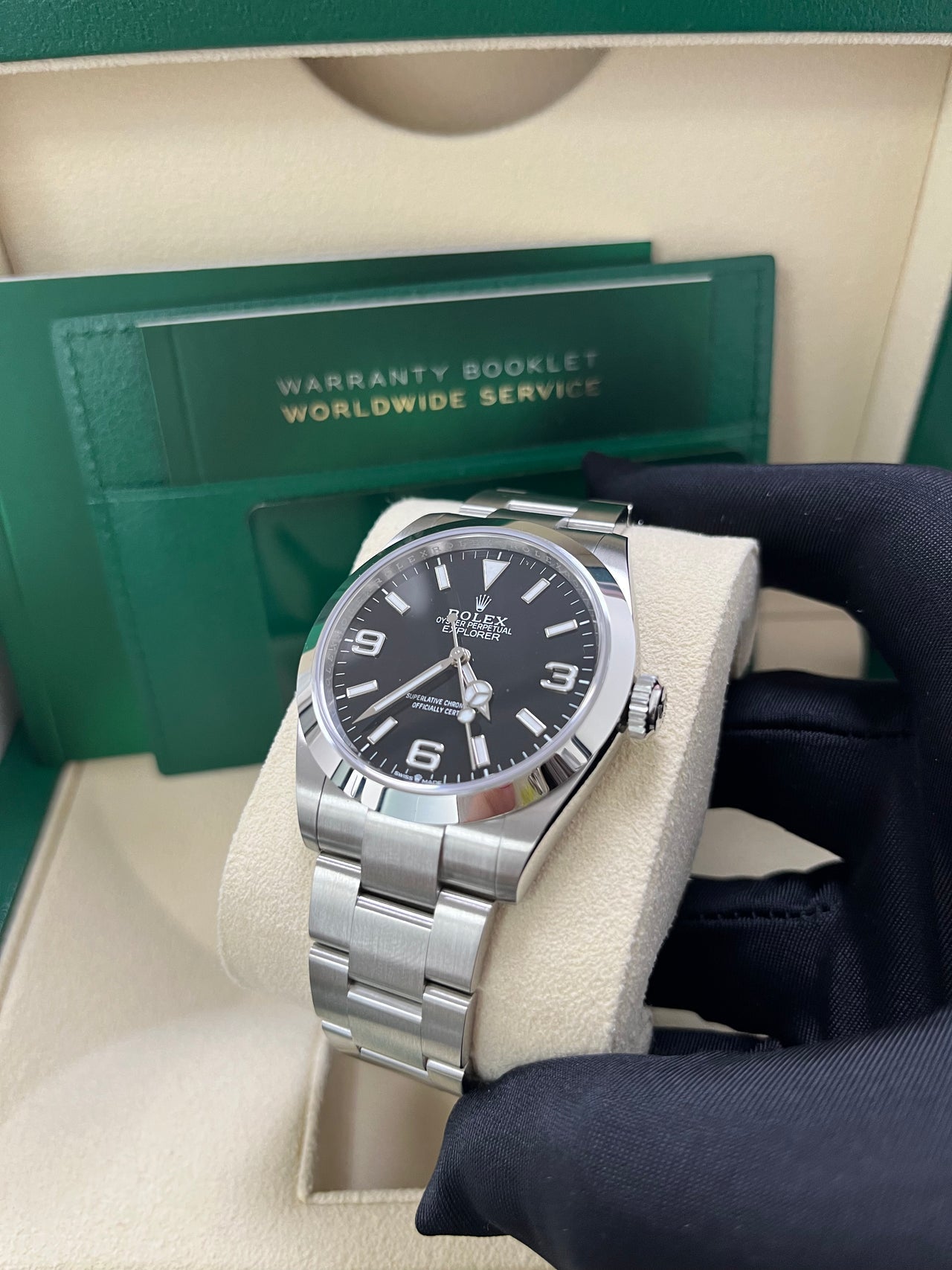 Rolex Air-King 40mm Black Dial Men’s Watch 224270 with Oystersteel case and bracelet, white Arabic numerals, green seconds hand, sapphire crystal, and automatic movement—never worn, 100% authentic with Rolex box and warranty card, available now at Global Sky Diamonds in NYC Diamond District at 44 W 47th St Booth GF-10. 3-year warranty included. Shop globalskydiamond.com.