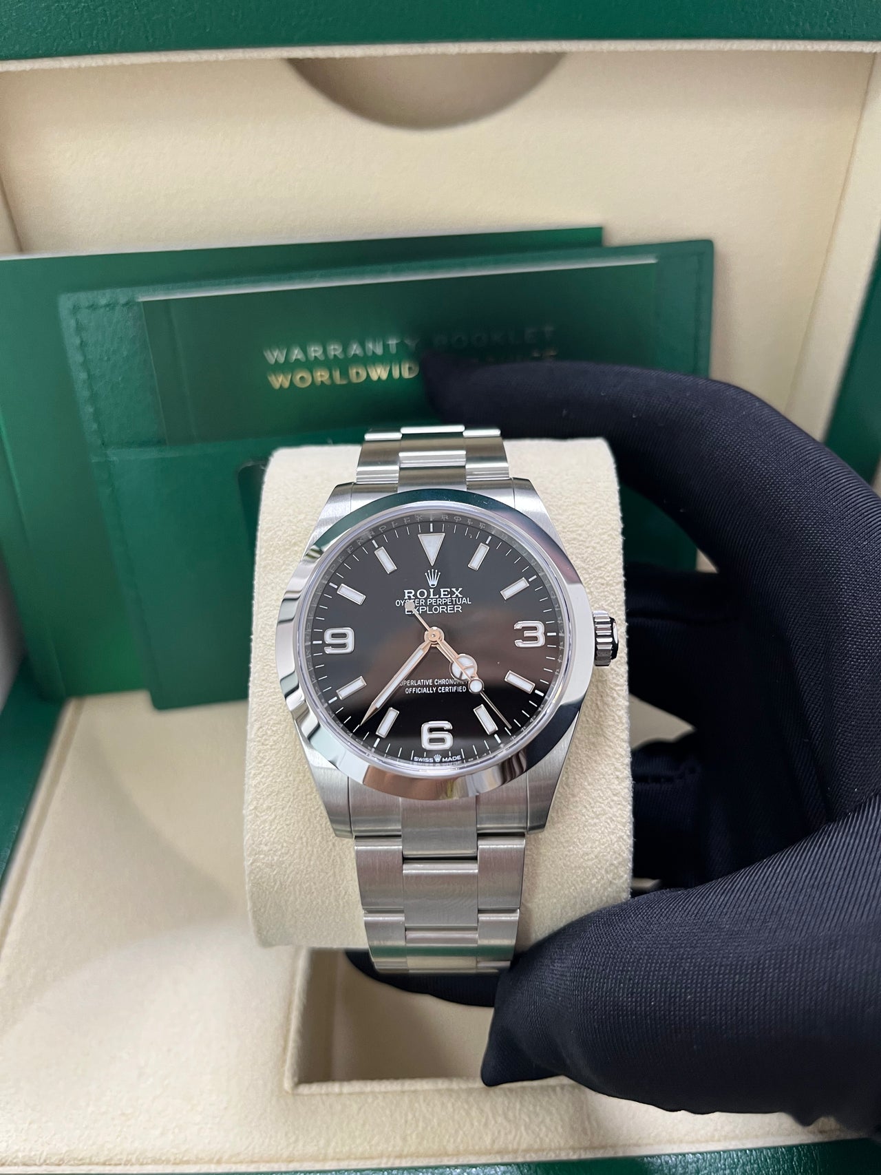 Rolex Air-King 40mm Black Dial Men’s Watch 224270 with Oystersteel case and bracelet, white Arabic numerals, green seconds hand, sapphire crystal, and automatic movement—never worn, 100% authentic with Rolex box and warranty card, available now at Global Sky Diamonds in NYC Diamond District at 44 W 47th St Booth GF-10. 3-year warranty included. Shop globalskydiamond.com.