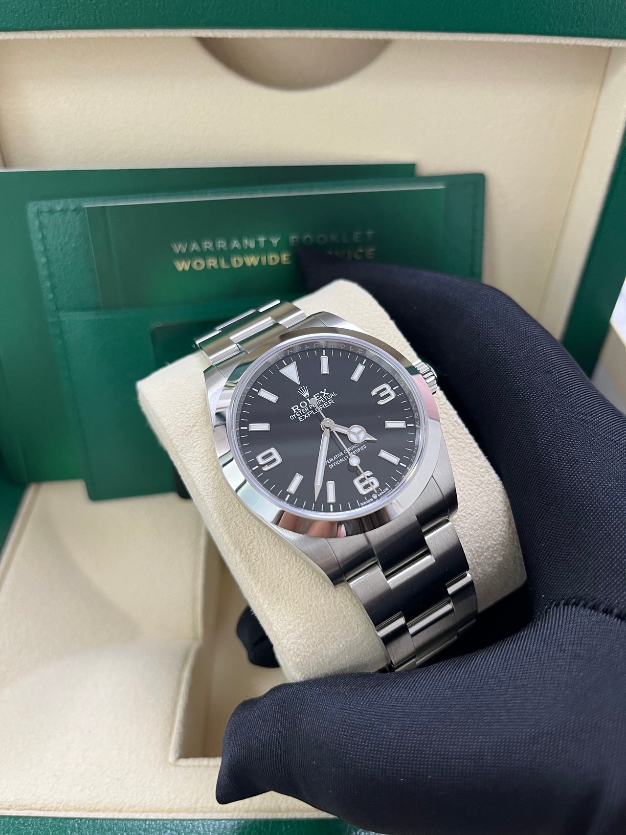 Rolex Air-King 40mm Black Dial Men’s Watch 224270 with Oystersteel case and bracelet, white Arabic numerals, green seconds hand, sapphire crystal, and automatic movement—never worn, 100% authentic with Rolex box and warranty card, available now at Global Sky Diamonds in NYC Diamond District at 44 W 47th St Booth GF-10. 3-year warranty included. Shop globalskydiamond.com.