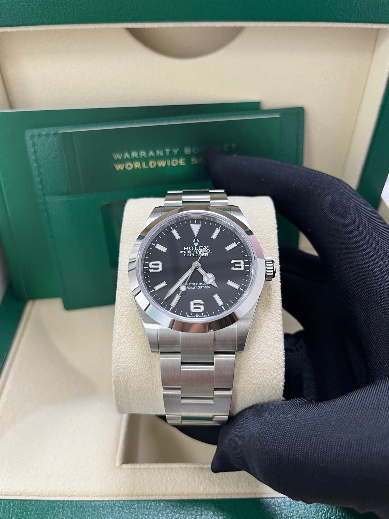 Rolex Air-King 40mm Black Dial Men’s Watch 224270 with Oystersteel case and bracelet, white Arabic numerals, green seconds hand, sapphire crystal, and automatic movement—never worn, 100% authentic with Rolex box and warranty card, available now at Global Sky Diamonds in NYC Diamond District at 44 W 47th St Booth GF-10. 3-year warranty included. Shop globalskydiamond.com.