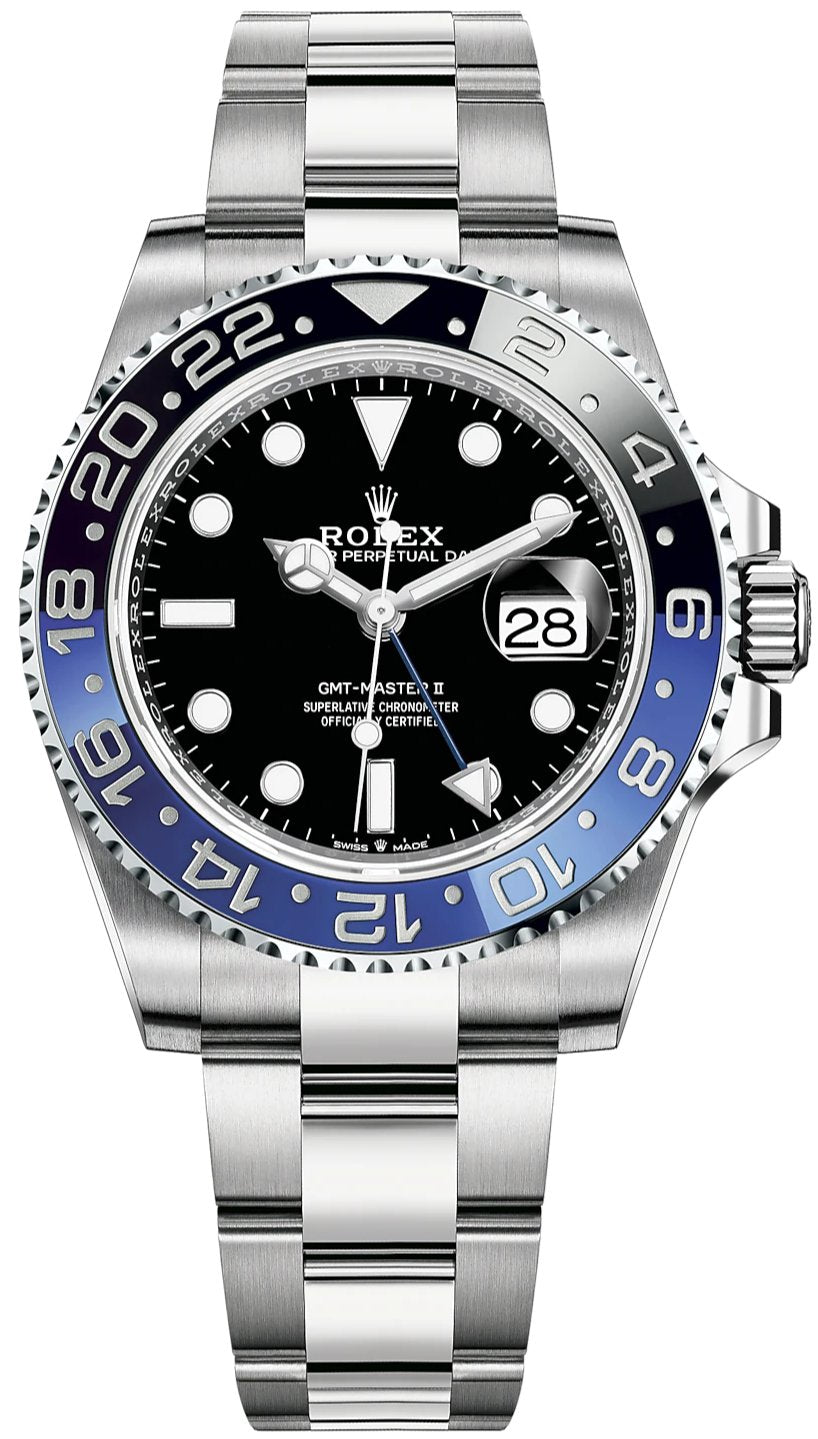 Front view of pre-owned Rolex GMT-Master II 116710BLNR “Batman” with black and blue ceramic bezel, black dial, and Oyster bracelet – 2018 Rolex full set available at Global Sky Diamonds – globalskydiamond.com