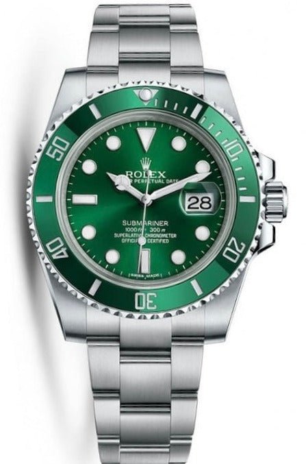 Front view of pre-owned Rolex Submariner Date 116610LV “Hulk” with green sunburst dial, green ceramic bezel, and Oyster bracelet – 2018 model with full set available now at Global Sky Diamonds for $18,500 – globalskydiamond.com
