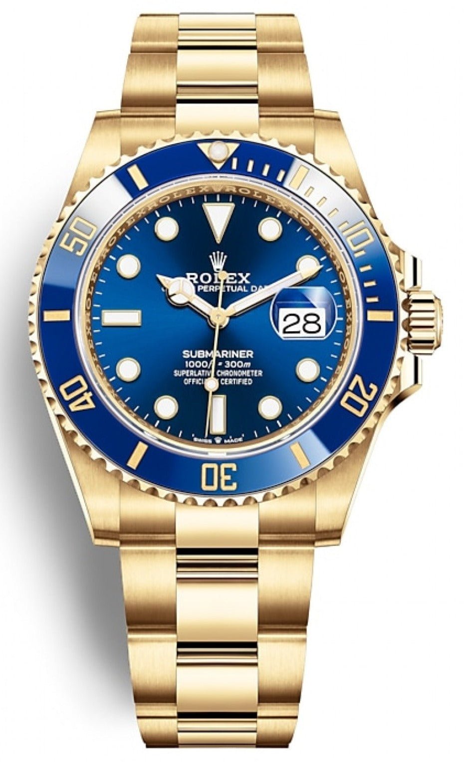 Front view of pre-owned but brand new Rolex Submariner 126613LB Bluesy with blue dial and ceramic bezel – unworn 2025 model with box and papers for $18,000 at Global Sky Diamonds – globalskydiamond.com