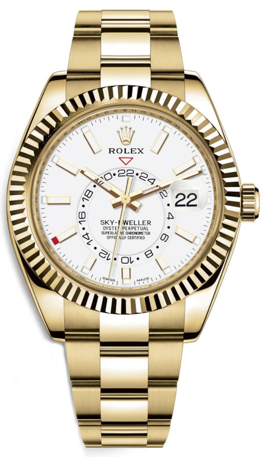 Front view of pre-owned brand new Rolex Sky-Dweller two-tone yellow gold with white stick dial, fluted bezel, and Oyster bracelet – 2025 full set available at Global Sky Diamonds for $18,000 – globalskydiamond.com