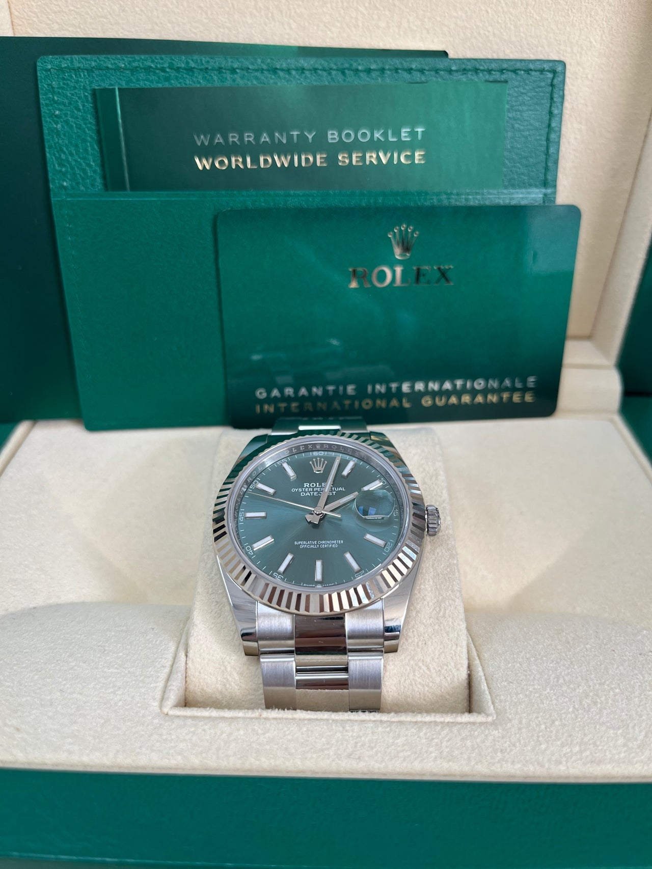 Rolex Datejust 41mm Blue Stick Dial Men’s Watch 126300 with Oystersteel case, sunburst blue dial, smooth bezel, Oyster bracelet, and Rolex Caliber 3235 automatic movement—never worn, guaranteed authentic with Rolex box and warranty card, available now at Global Sky Diamonds in NYC’s Diamond District at 44 W 47th St Booth GF-10. Includes 3-year warranty. Shop globalskydiamond.com.