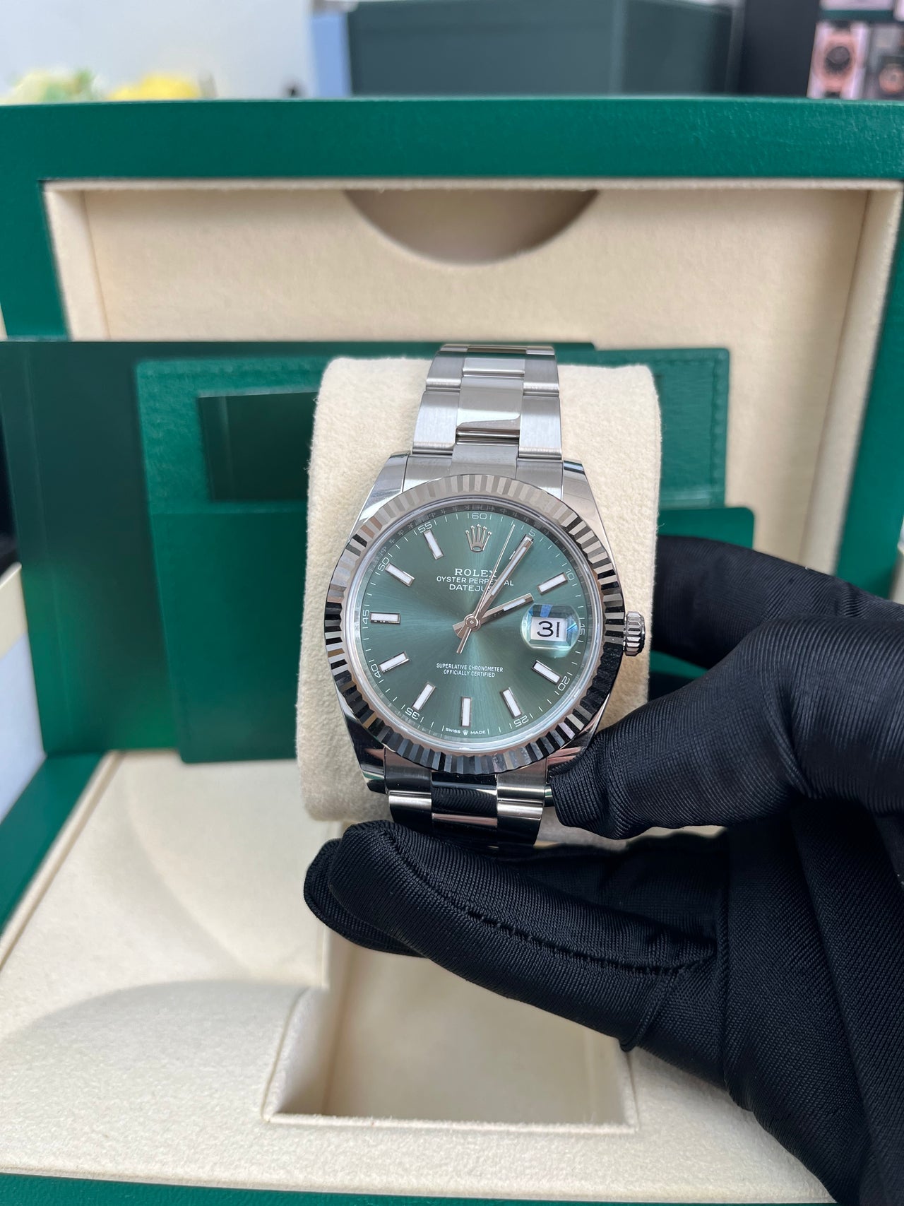Rolex Datejust 41mm Blue Stick Dial Men’s Watch 126300 with Oystersteel case, sunburst blue dial, smooth bezel, Oyster bracelet, and Rolex Caliber 3235 automatic movement—never worn, guaranteed authentic with Rolex box and warranty card, available now at Global Sky Diamonds in NYC’s Diamond District at 44 W 47th St Booth GF-10. Includes 3-year warranty. Shop globalskydiamond.com.