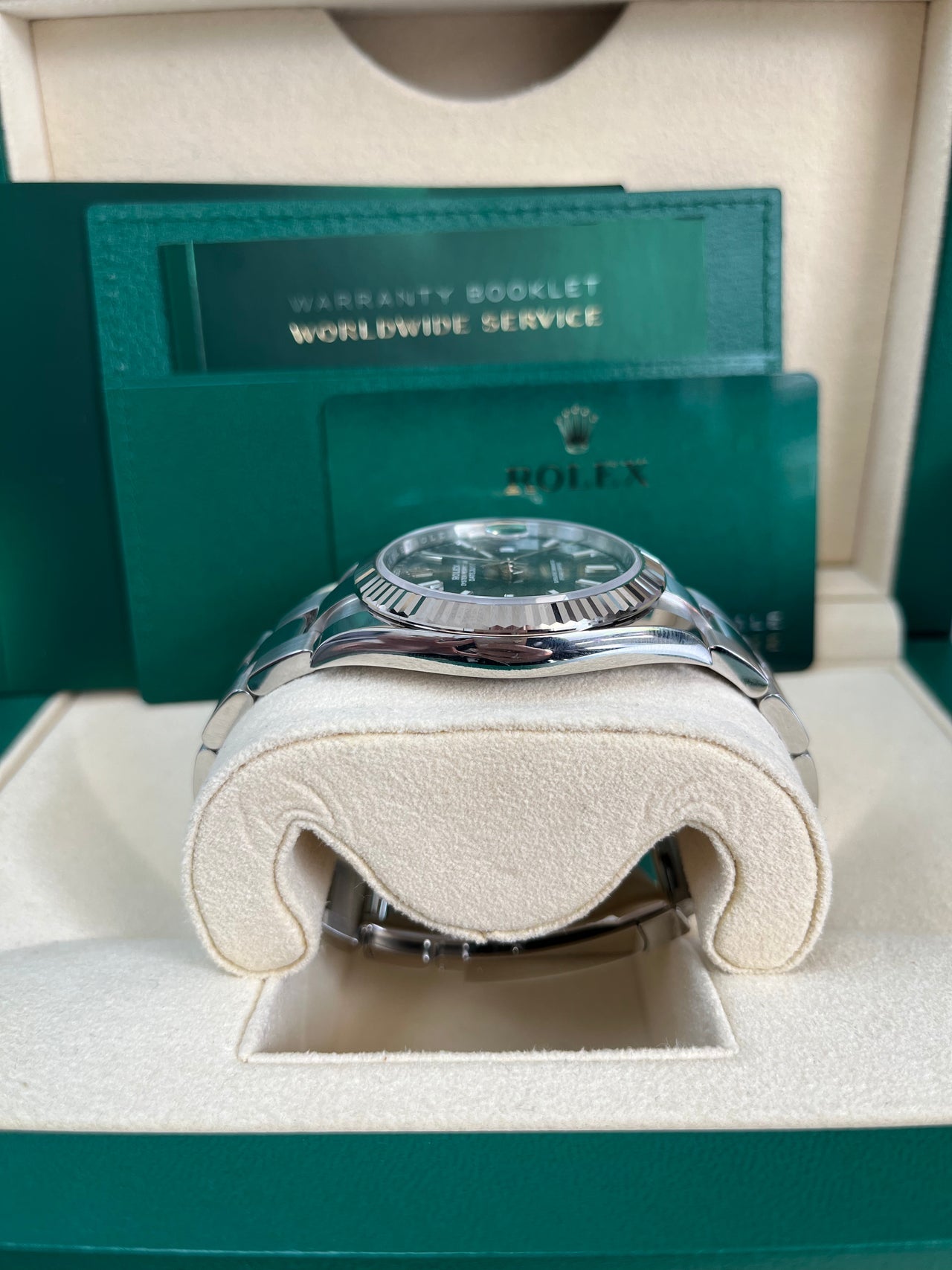 Rolex Datejust 41mm Blue Stick Dial Men’s Watch 126300 with Oystersteel case, sunburst blue dial, smooth bezel, Oyster bracelet, and Rolex Caliber 3235 automatic movement—never worn, guaranteed authentic with Rolex box and warranty card, available now at Global Sky Diamonds in NYC’s Diamond District at 44 W 47th St Booth GF-10. Includes 3-year warranty. Shop globalskydiamond.com.