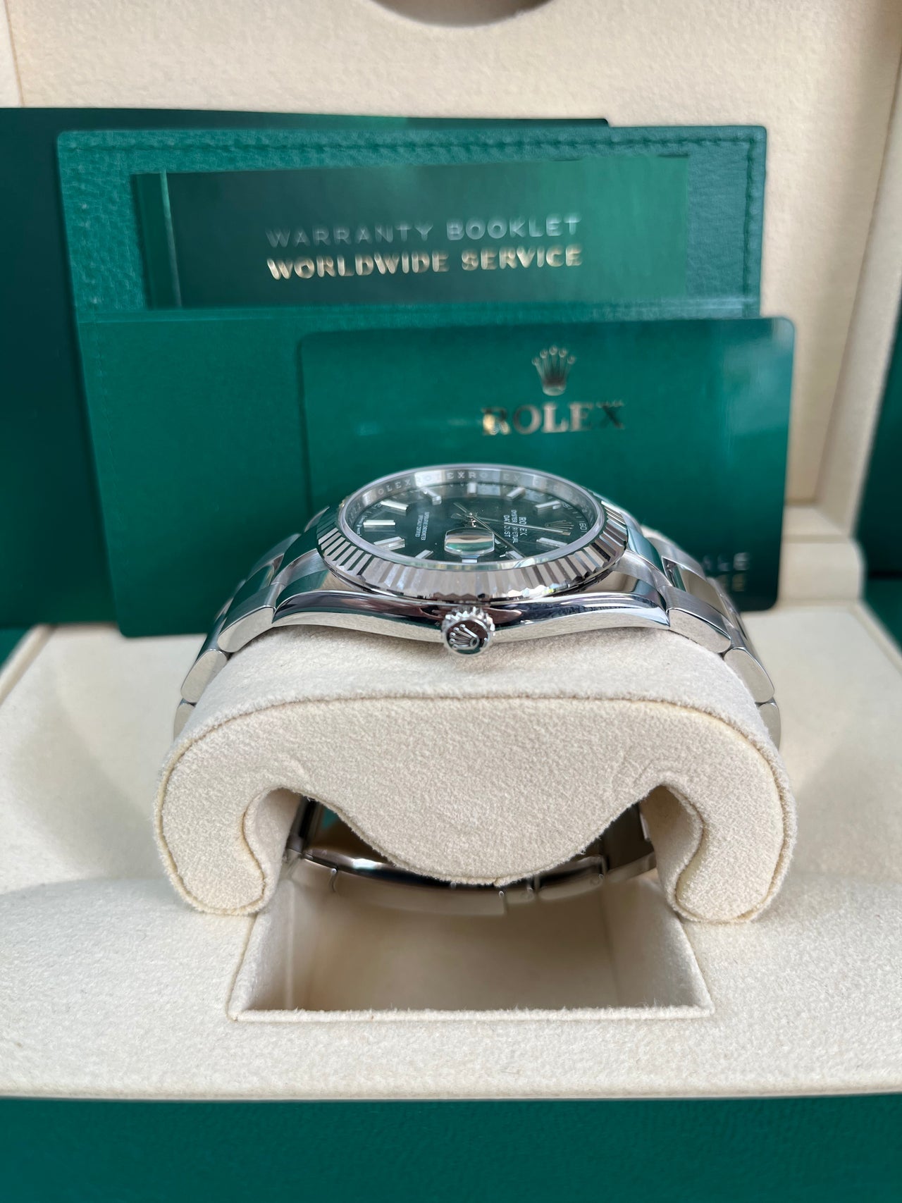 Rolex Datejust 41mm Blue Stick Dial Men’s Watch 126300 with Oystersteel case, sunburst blue dial, smooth bezel, Oyster bracelet, and Rolex Caliber 3235 automatic movement—never worn, guaranteed authentic with Rolex box and warranty card, available now at Global Sky Diamonds in NYC’s Diamond District at 44 W 47th St Booth GF-10. Includes 3-year warranty. Shop globalskydiamond.com.