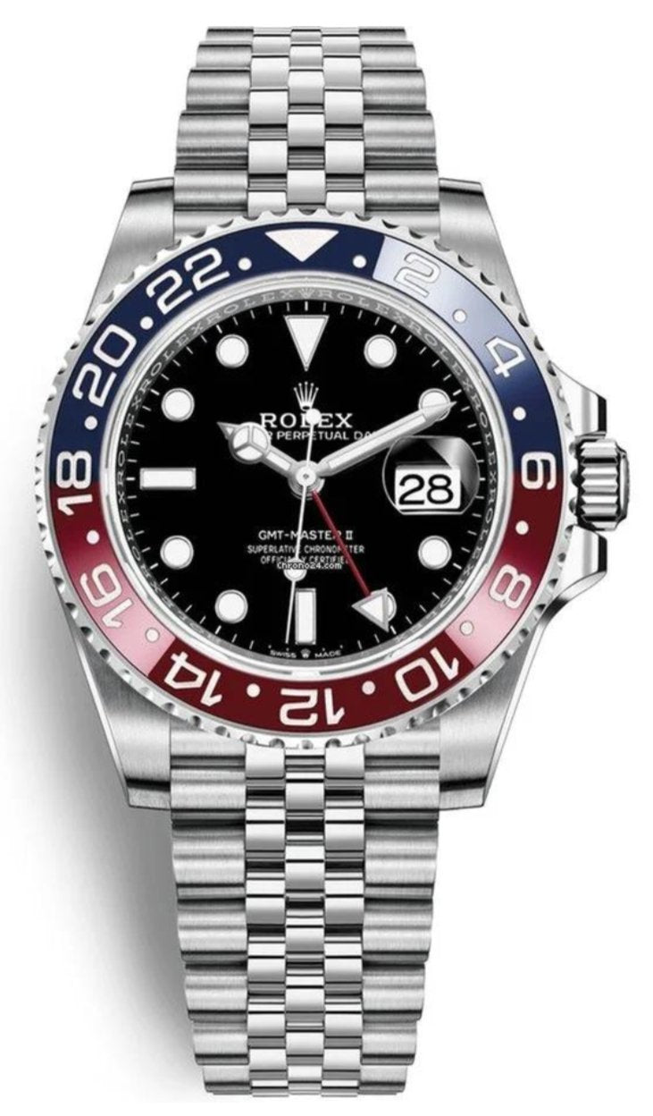 Rolex GMT-Master II Pepsi Jubilee Men’s Watch 126710BLRO with Oystersteel case, red and blue Cerachrom bezel, black dial, Jubilee bracelet, and Rolex Caliber 3285 automatic GMT movement—never worn, 100% authentic with Rolex box and warranty card, available now at Global Sky Diamonds, 44 W 47th St Booth GF-10, NYC. 3-year warranty included. Shop globalskydiamond.com.