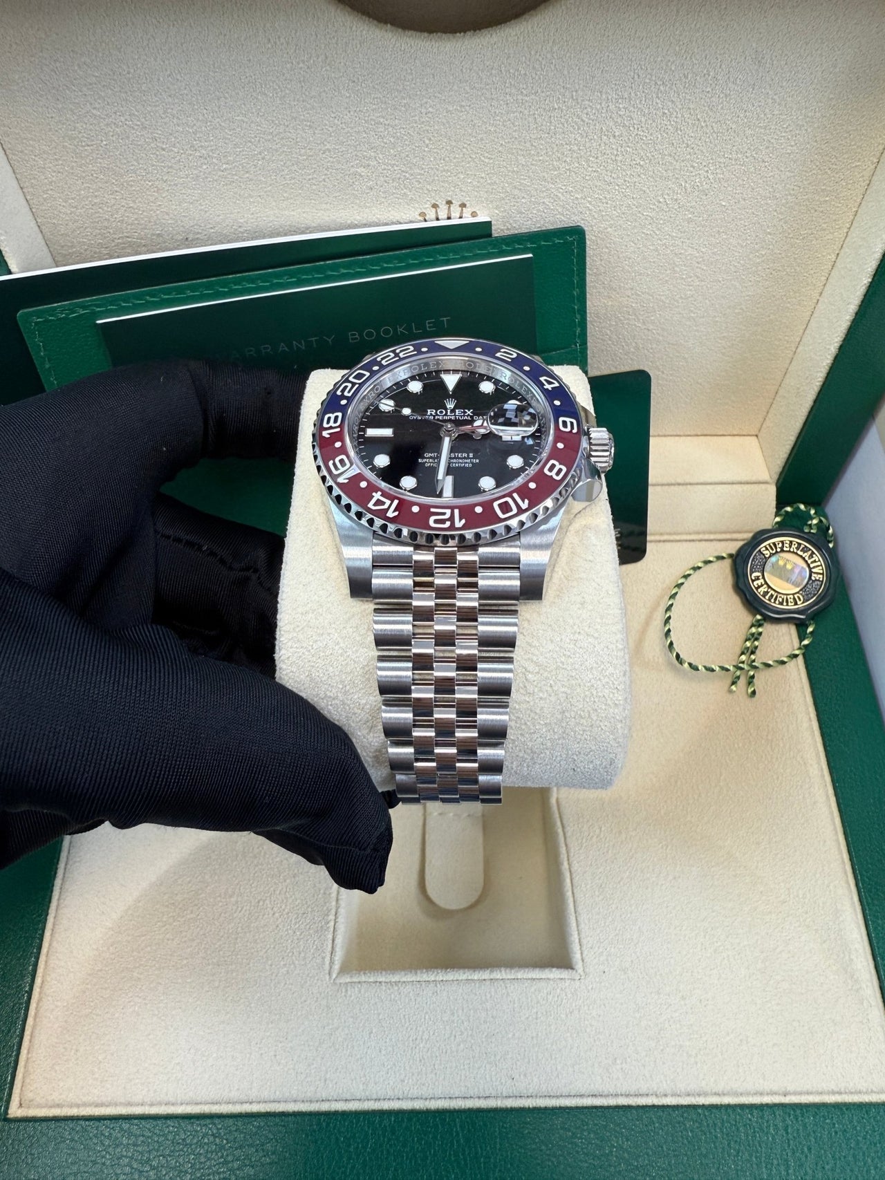 Rolex GMT-Master II Pepsi Jubilee Men’s Watch 126710BLRO with Oystersteel case, red and blue Cerachrom bezel, black dial, Jubilee bracelet, and Rolex Caliber 3285 automatic GMT movement—never worn, 100% authentic with Rolex box and warranty card, available now at Global Sky Diamonds, 44 W 47th St Booth GF-10, NYC. 3-year warranty included. Shop globalskydiamond.com.