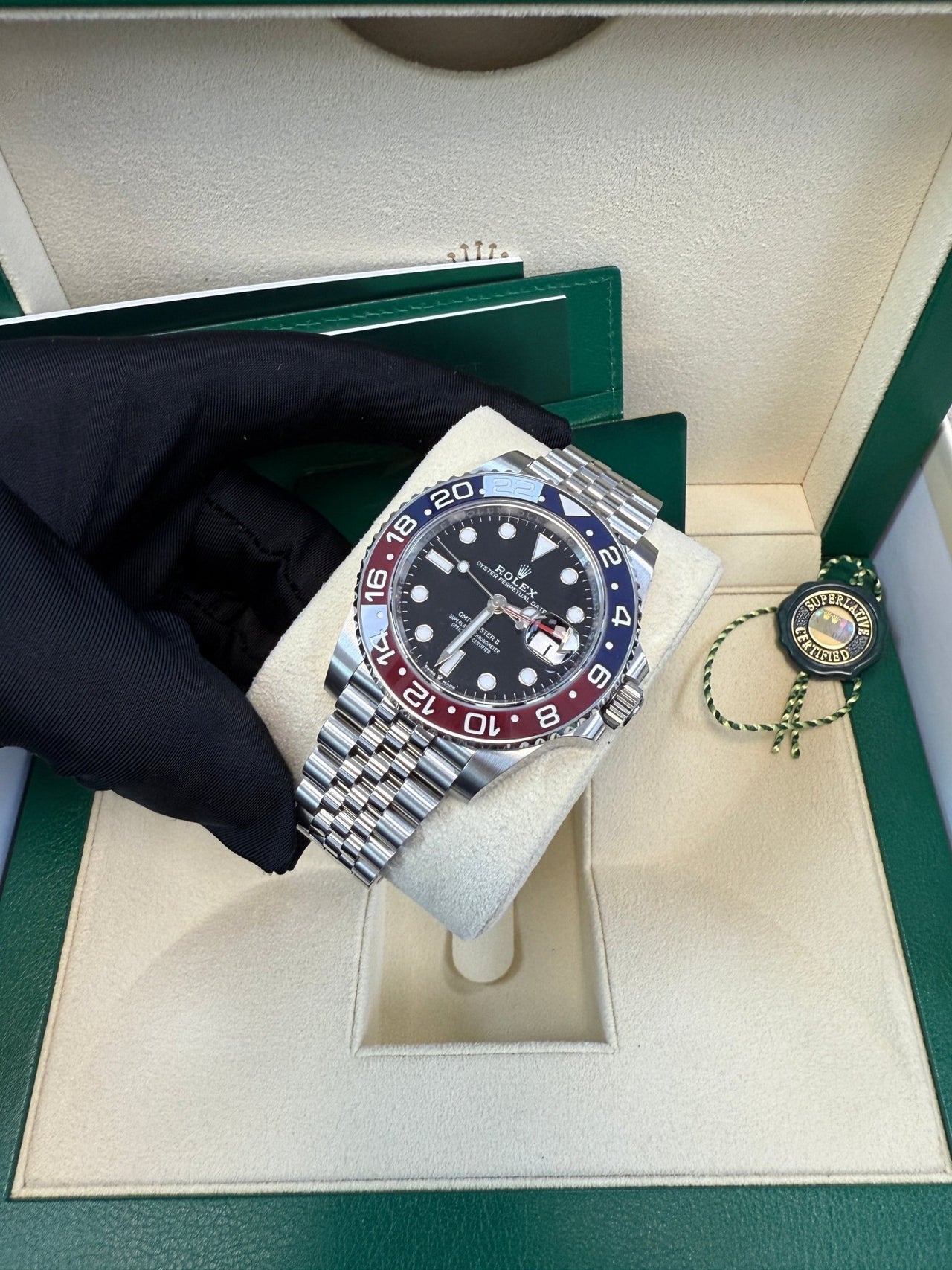 Rolex GMT-Master II Pepsi Jubilee Men’s Watch 126710BLRO with Oystersteel case, red and blue Cerachrom bezel, black dial, Jubilee bracelet, and Rolex Caliber 3285 automatic GMT movement—never worn, 100% authentic with Rolex box and warranty card, available now at Global Sky Diamonds, 44 W 47th St Booth GF-10, NYC. 3-year warranty included. Shop globalskydiamond.com.