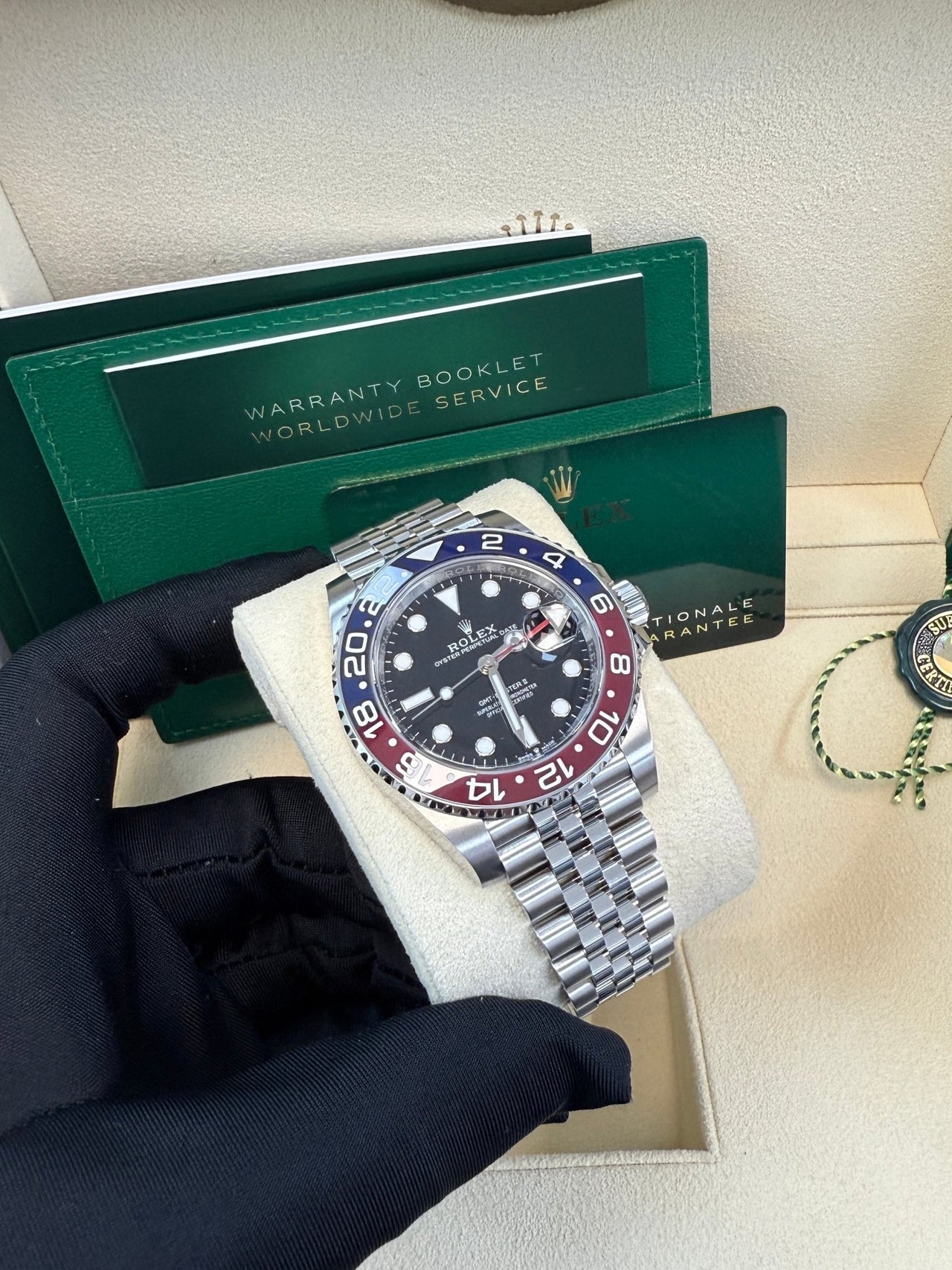 Rolex GMT-Master II Pepsi Jubilee Men’s Watch 126710BLRO with Oystersteel case, red and blue Cerachrom bezel, black dial, Jubilee bracelet, and Rolex Caliber 3285 automatic GMT movement—never worn, 100% authentic with Rolex box and warranty card, available now at Global Sky Diamonds, 44 W 47th St Booth GF-10, NYC. 3-year warranty included. Shop globalskydiamond.com.