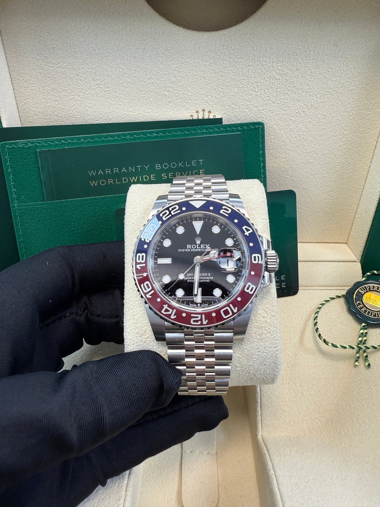 Rolex GMT-Master II Pepsi Jubilee Men’s Watch 126710BLRO with Oystersteel case, red and blue Cerachrom bezel, black dial, Jubilee bracelet, and Rolex Caliber 3285 automatic GMT movement—never worn, 100% authentic with Rolex box and warranty card, available now at Global Sky Diamonds, 44 W 47th St Booth GF-10, NYC. 3-year warranty included. Shop globalskydiamond.com.