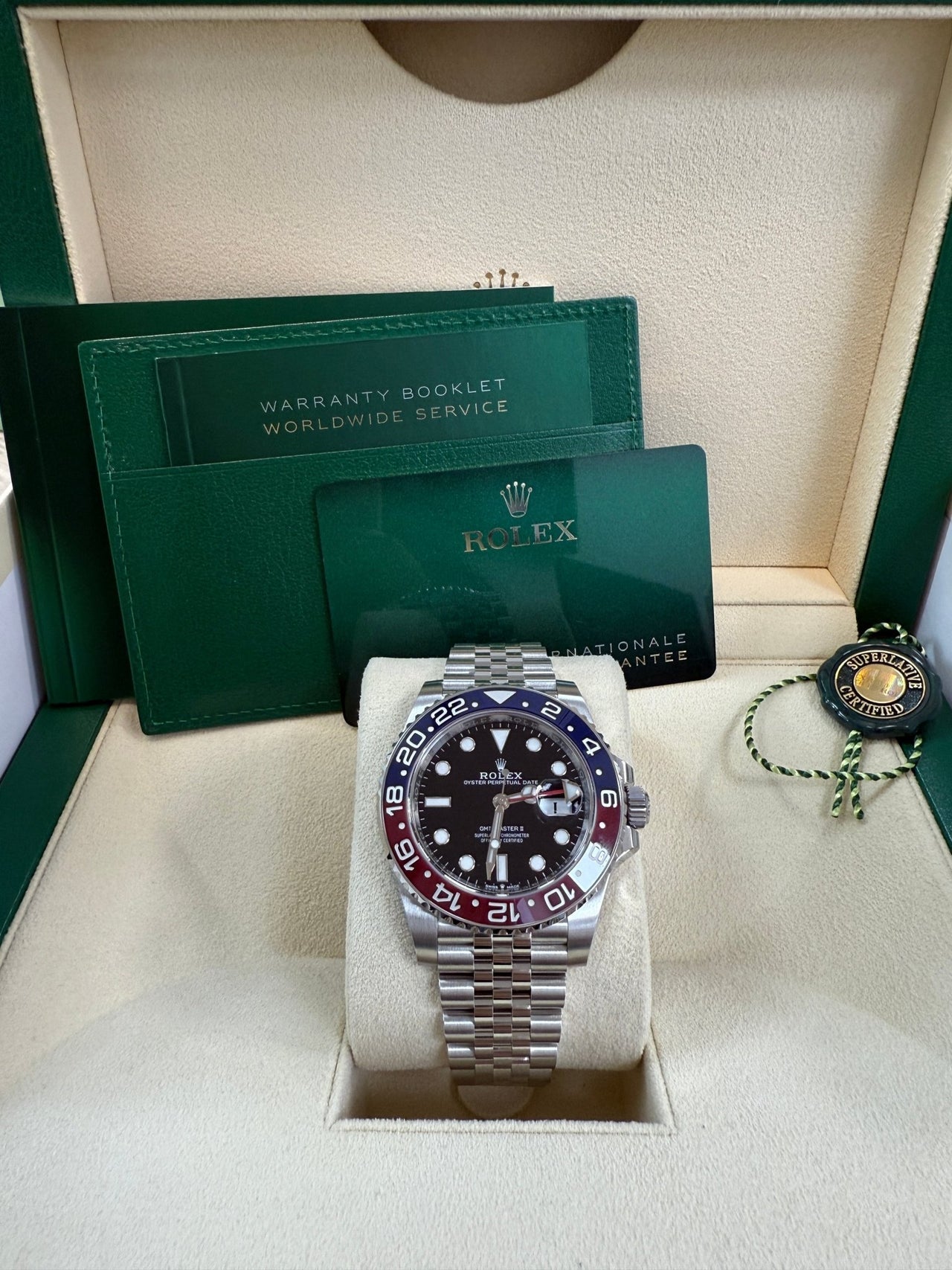 Rolex GMT-Master II Pepsi Jubilee Men’s Watch 126710BLRO with Oystersteel case, red and blue Cerachrom bezel, black dial, Jubilee bracelet, and Rolex Caliber 3285 automatic GMT movement—never worn, 100% authentic with Rolex box and warranty card, available now at Global Sky Diamonds, 44 W 47th St Booth GF-10, NYC. 3-year warranty included. Shop globalskydiamond.com.