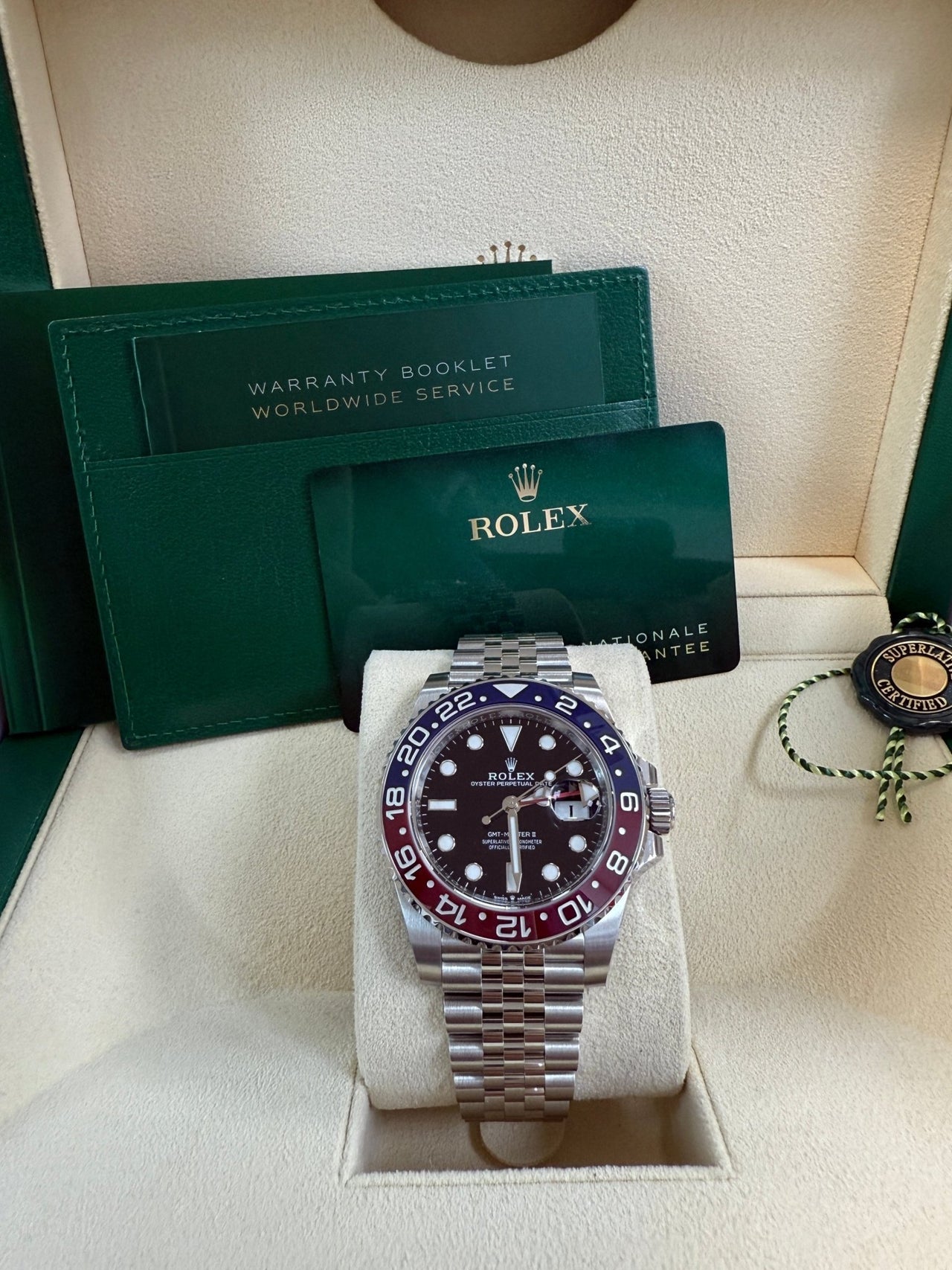 Rolex GMT-Master II Pepsi Jubilee Men’s Watch 126710BLRO with Oystersteel case, red and blue Cerachrom bezel, black dial, Jubilee bracelet, and Rolex Caliber 3285 automatic GMT movement—never worn, 100% authentic with Rolex box and warranty card, available now at Global Sky Diamonds, 44 W 47th St Booth GF-10, NYC. 3-year warranty included. Shop globalskydiamond.com.