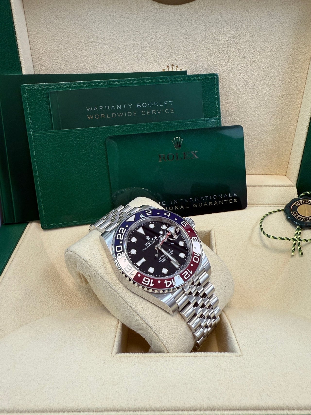Rolex GMT-Master II Pepsi Jubilee Men’s Watch 126710BLRO with Oystersteel case, red and blue Cerachrom bezel, black dial, Jubilee bracelet, and Rolex Caliber 3285 automatic GMT movement—never worn, 100% authentic with Rolex box and warranty card, available now at Global Sky Diamonds, 44 W 47th St Booth GF-10, NYC. 3-year warranty included. Shop globalskydiamond.com.