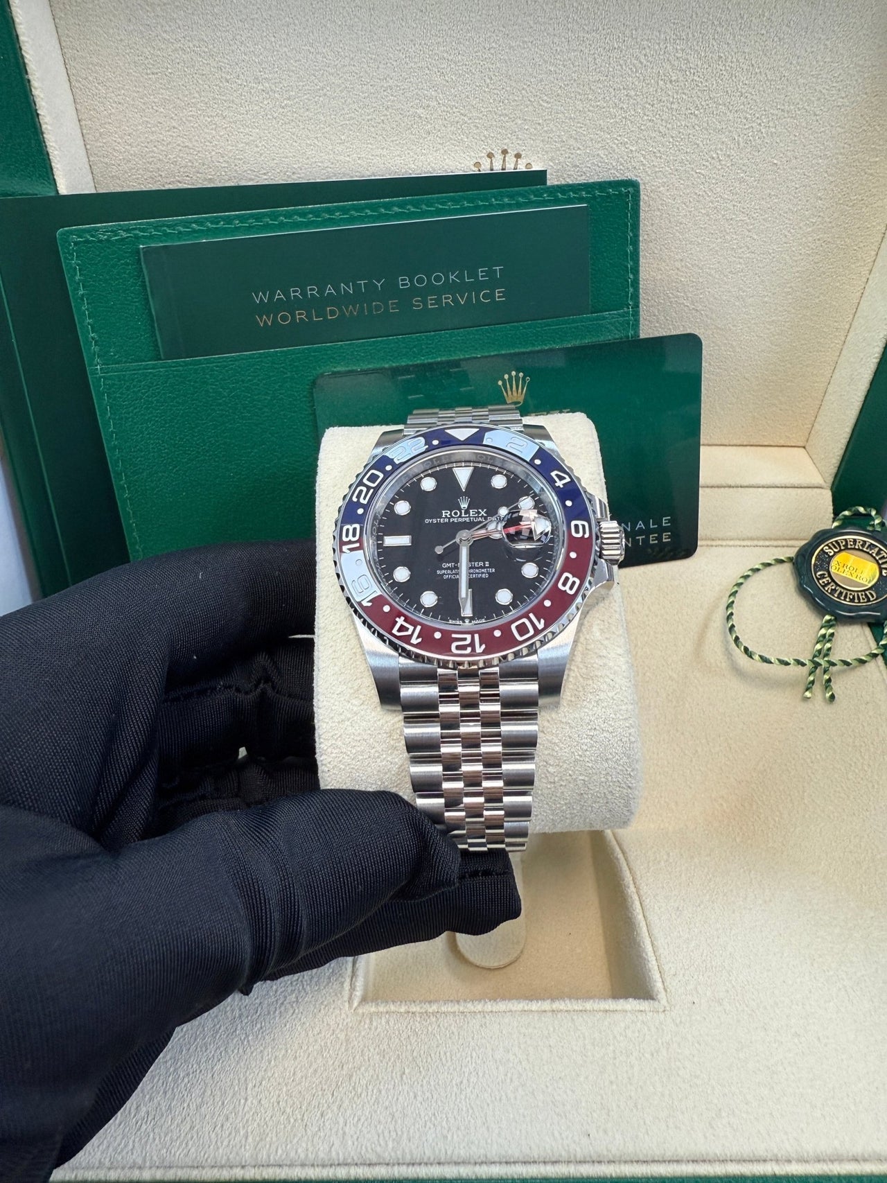 Rolex GMT-Master II Pepsi Jubilee Men’s Watch 126710BLRO with Oystersteel case, red and blue Cerachrom bezel, black dial, Jubilee bracelet, and Rolex Caliber 3285 automatic GMT movement—never worn, 100% authentic with Rolex box and warranty card, available now at Global Sky Diamonds, 44 W 47th St Booth GF-10, NYC. 3-year warranty included. Shop globalskydiamond.com.