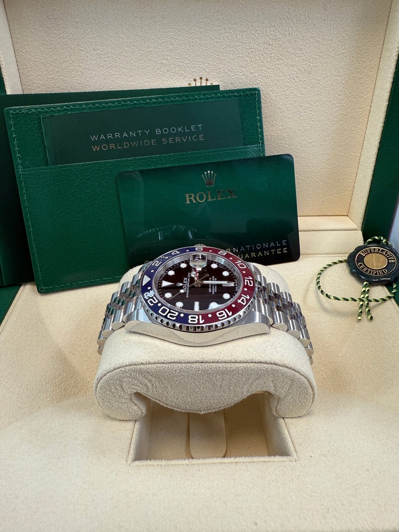 Rolex GMT-Master II Pepsi Jubilee Men’s Watch 126710BLRO with Oystersteel case, red and blue Cerachrom bezel, black dial, Jubilee bracelet, and Rolex Caliber 3285 automatic GMT movement—never worn, 100% authentic with Rolex box and warranty card, available now at Global Sky Diamonds, 44 W 47th St Booth GF-10, NYC. 3-year warranty included. Shop globalskydiamond.com.