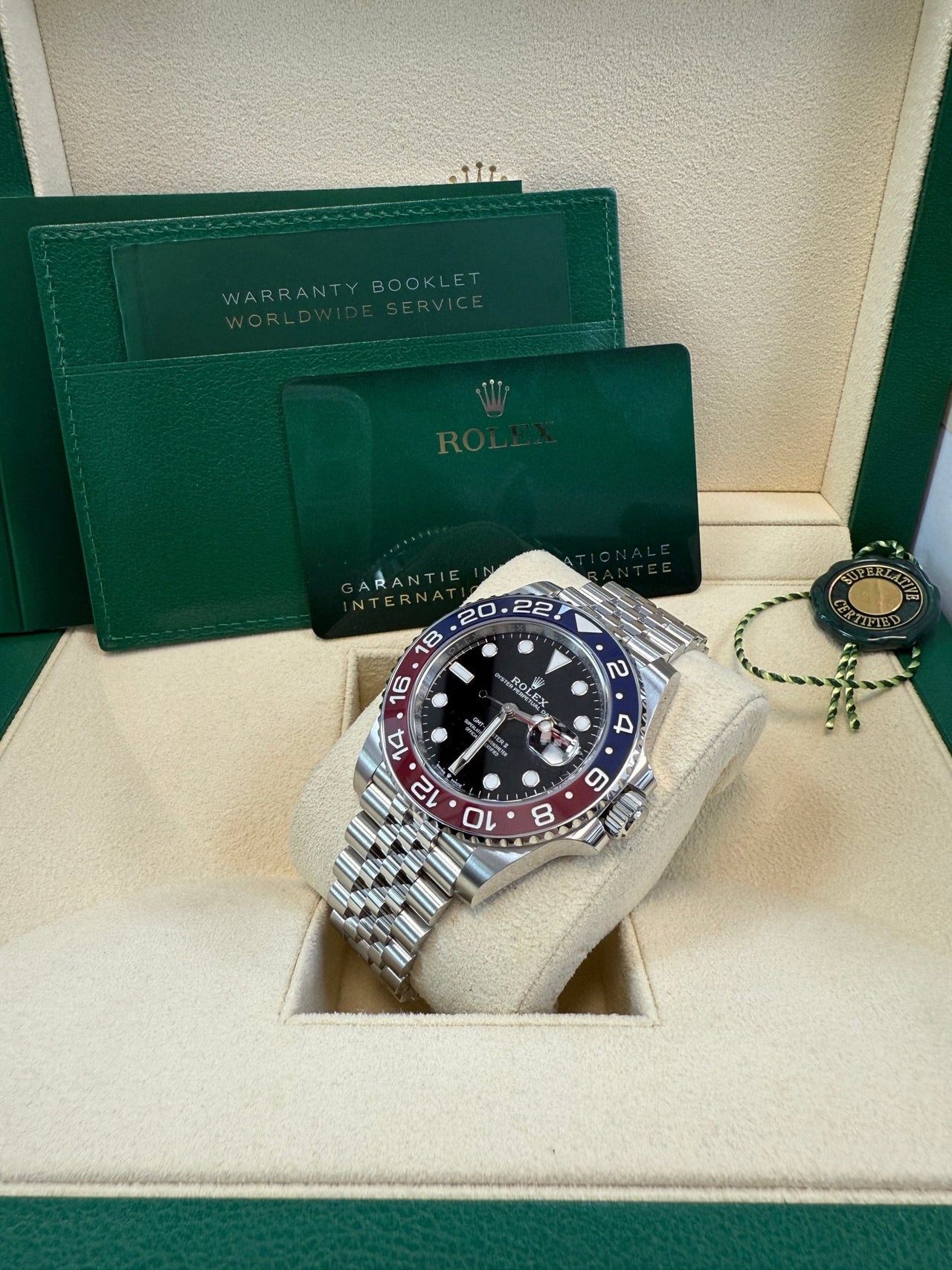 Rolex GMT-Master II Pepsi Jubilee Men’s Watch 126710BLRO with Oystersteel case, red and blue Cerachrom bezel, black dial, Jubilee bracelet, and Rolex Caliber 3285 automatic GMT movement—never worn, 100% authentic with Rolex box and warranty card, available now at Global Sky Diamonds, 44 W 47th St Booth GF-10, NYC. 3-year warranty included. Shop globalskydiamond.com.