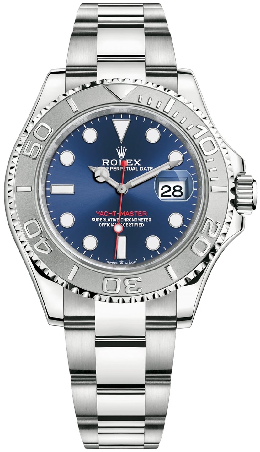 Rolex Yacht-Master 40mm Blue Dial Men’s Watch 126622 with Oystersteel case, platinum bezel, sunburst blue dial, Oyster bracelet, Rolex Caliber 3235 automatic movement, and sapphire crystal—never worn, guaranteed authentic with Rolex box and warranty card. Available now at Global Sky Diamonds, NYC Diamond District, 44 W 47th St Booth GF-10. 3-year warranty included. Shop globalskydiamond.com.